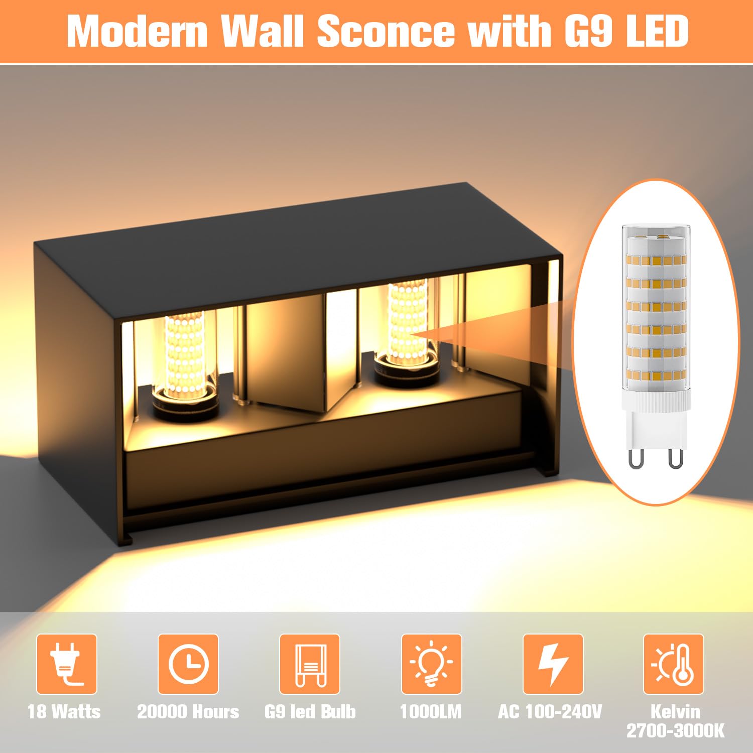 YrgePowk Applique da Parete con Lampadina Sostituibile G9 LED, Applique da Esterno IP65 Impermeabile Applique da Parete Interno 18W 3000K Bianco Caldo Angolo del Fascio Regolabile (Nero)