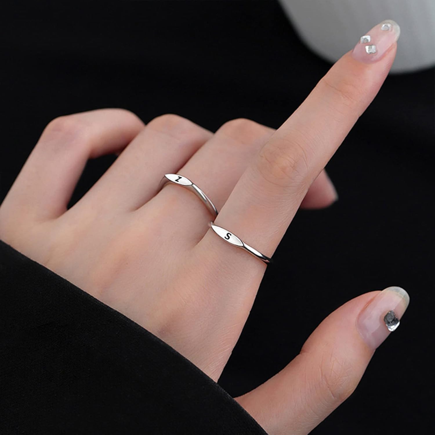Long tiantian Silver Initial Rings for Women Thin Stackable Initial Rings for Teen Girls Open Adjustable Letter Ring Stainless Steel Capital Alphabet Ring A-Z - Image 2