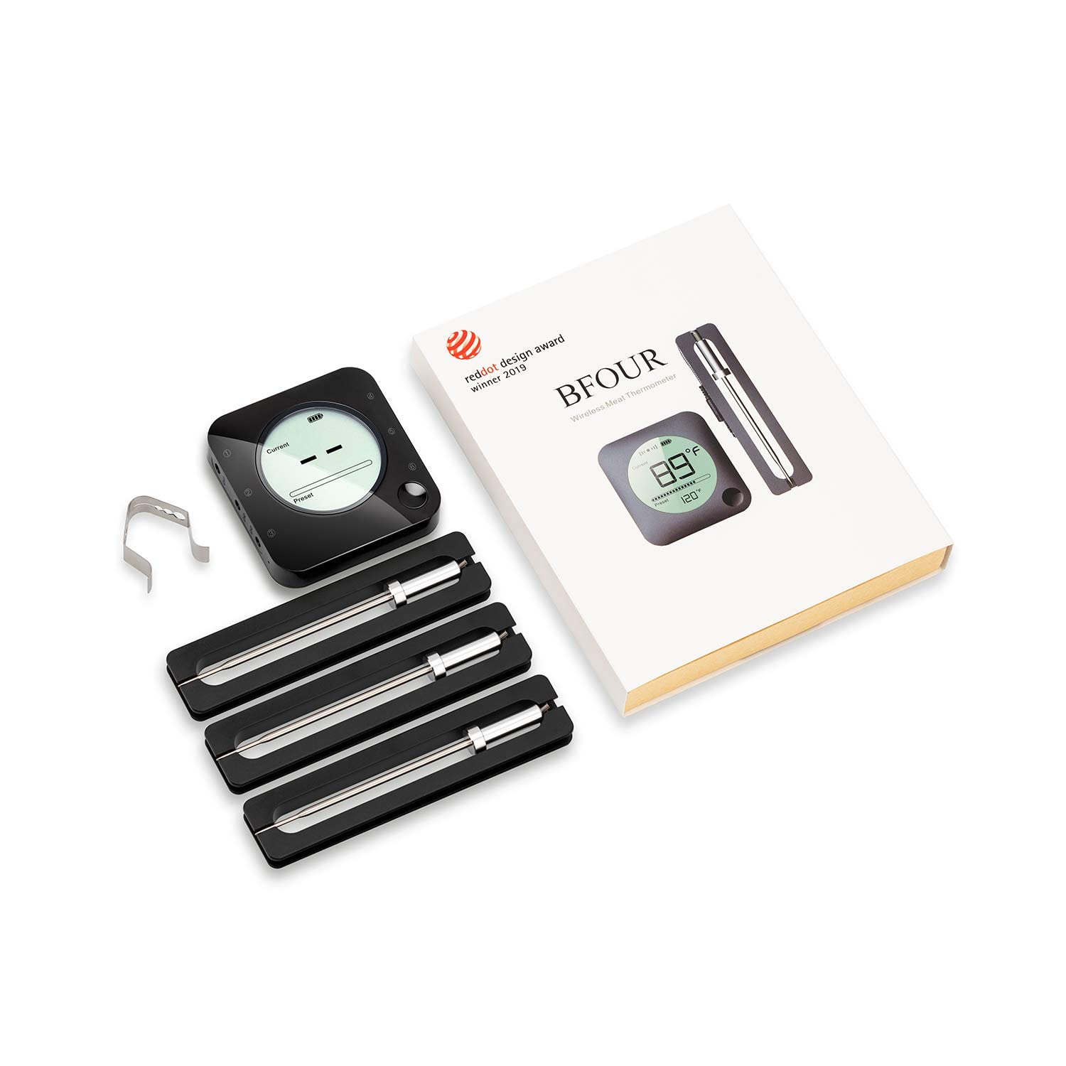 BFOUR Termometro da Cucina Digitale Termometro per Cucina Bluetooth Termometro per Carne Barbecue Wireless Termometro da Forno con Timer BBQ Griglia LED Display App 6 Sensori (Nero Chiaro, 3 Sonde)