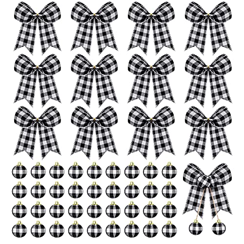 36 Pcs Christmas Buffalo Plaid Ball Ornament Fabric Wrapped Ball 12 Pcs Bow Xmas Tree Hanging Decor Holiday Farmhouse Party Supplies (Black and White Plaid, 2.8 Inch and 0.6 Inch)