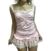 Women 2000s Fairy Grunge Tank Top Y2k Lace Trim Bow Polka Dot Shirts Vintage Aesthetic Downtown Girl Clothes