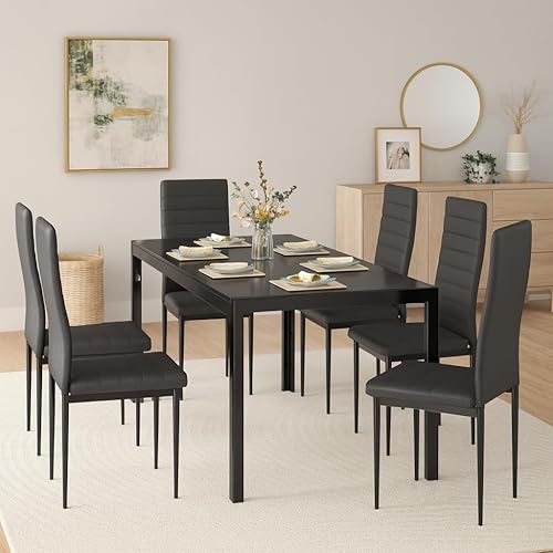 Miniatura 3 de Juego de comedor de cristal de 7 piezas, muebles de mesa de cocina modernos para comedor, comedor, compacto que ahorra espacio con mesa de vidrio, 6