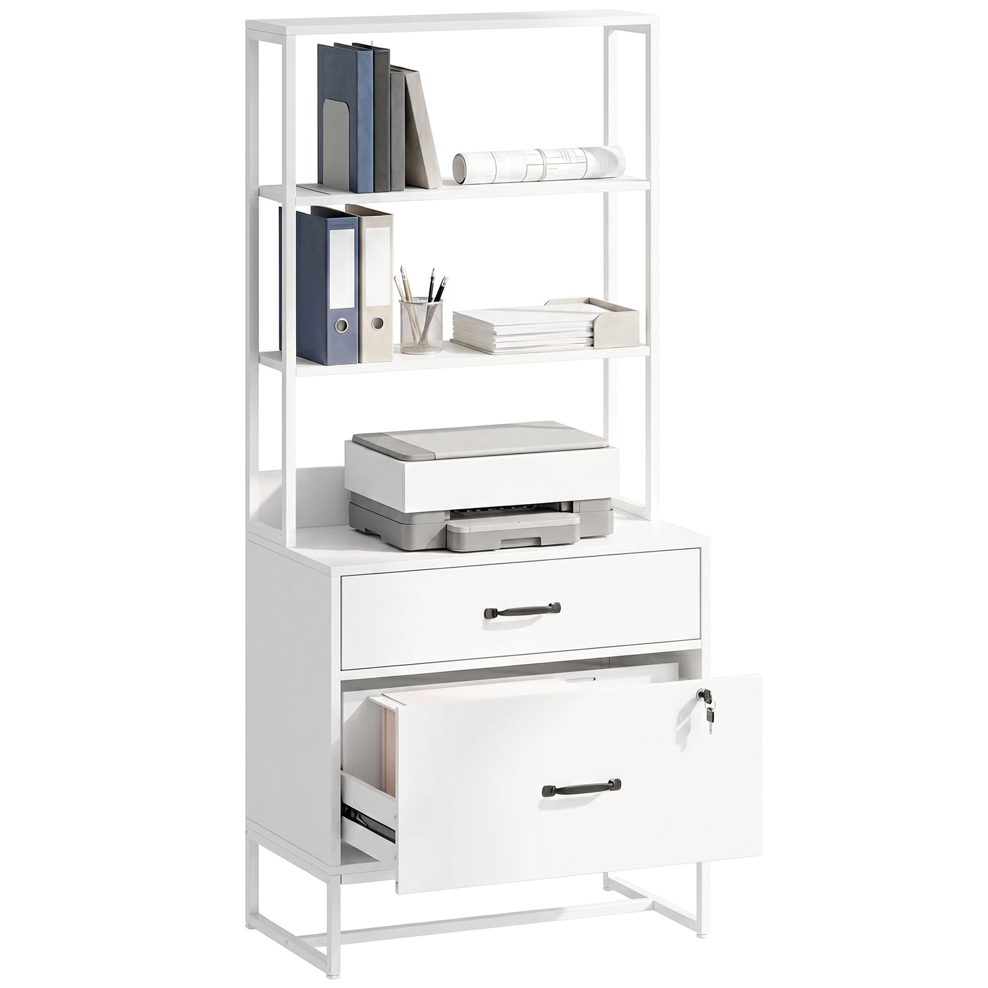 HOMCOM Cajonera Escritorio con Estantería, Mueble Archivador con 2 Cajones, Encimera para Impresora, Cerradura, para A4 Letter Legal, para Oficina, Estudio, Blanco