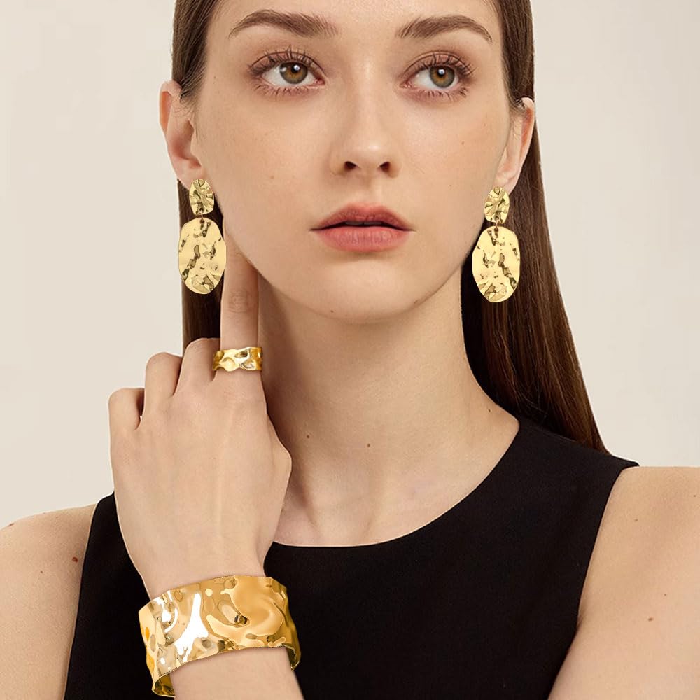 Joyas Mujer 3 Piezas Brazalete Anillo y Pendientes Ovalados Textura Metálica Irregular 18K Chapado para Uso Diario y Eventos (Dorado)
