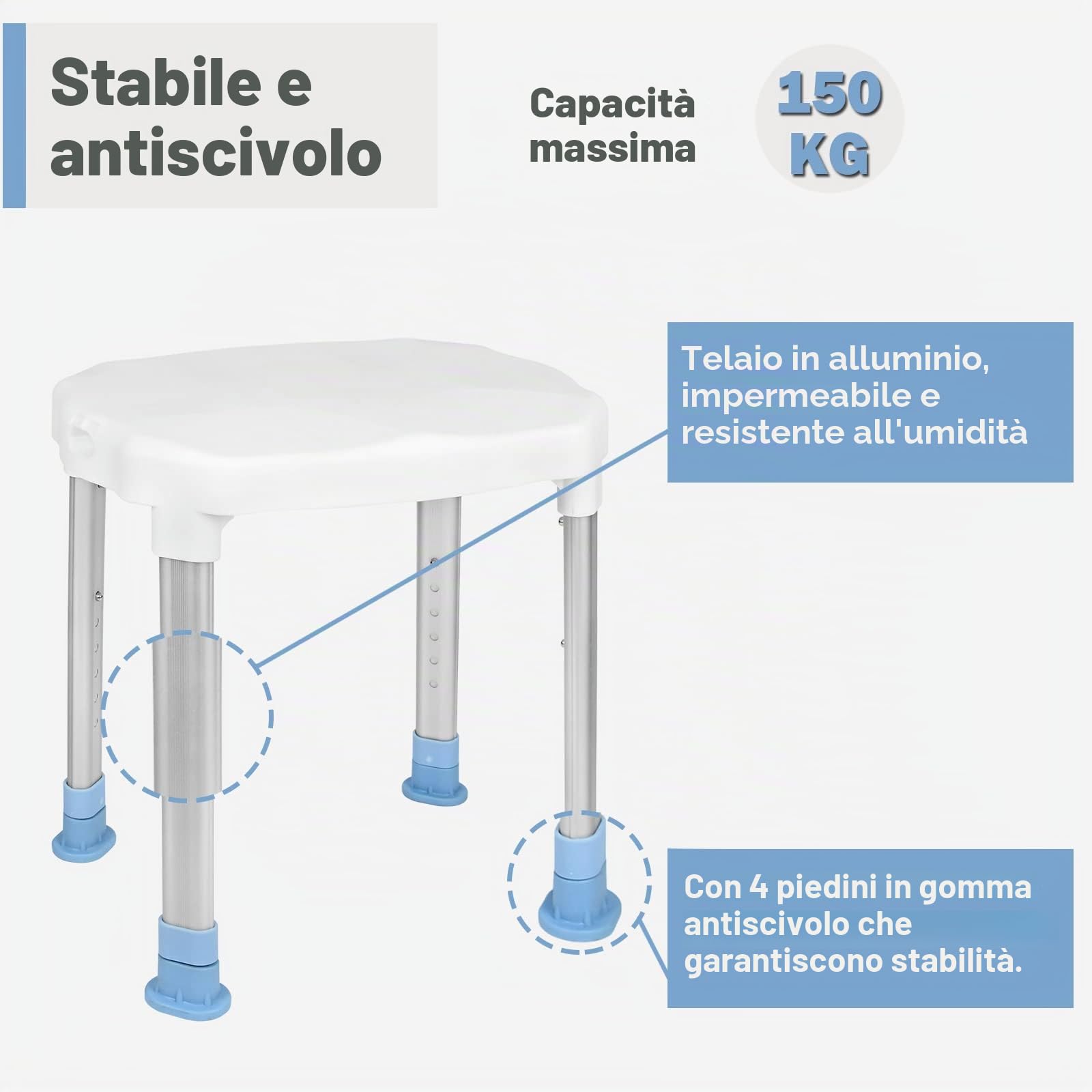 UISEBRT Sedia da doccia, regolabile in altezza, con piedini in gomma antiscivolo, per doccia, fino a 150 kg