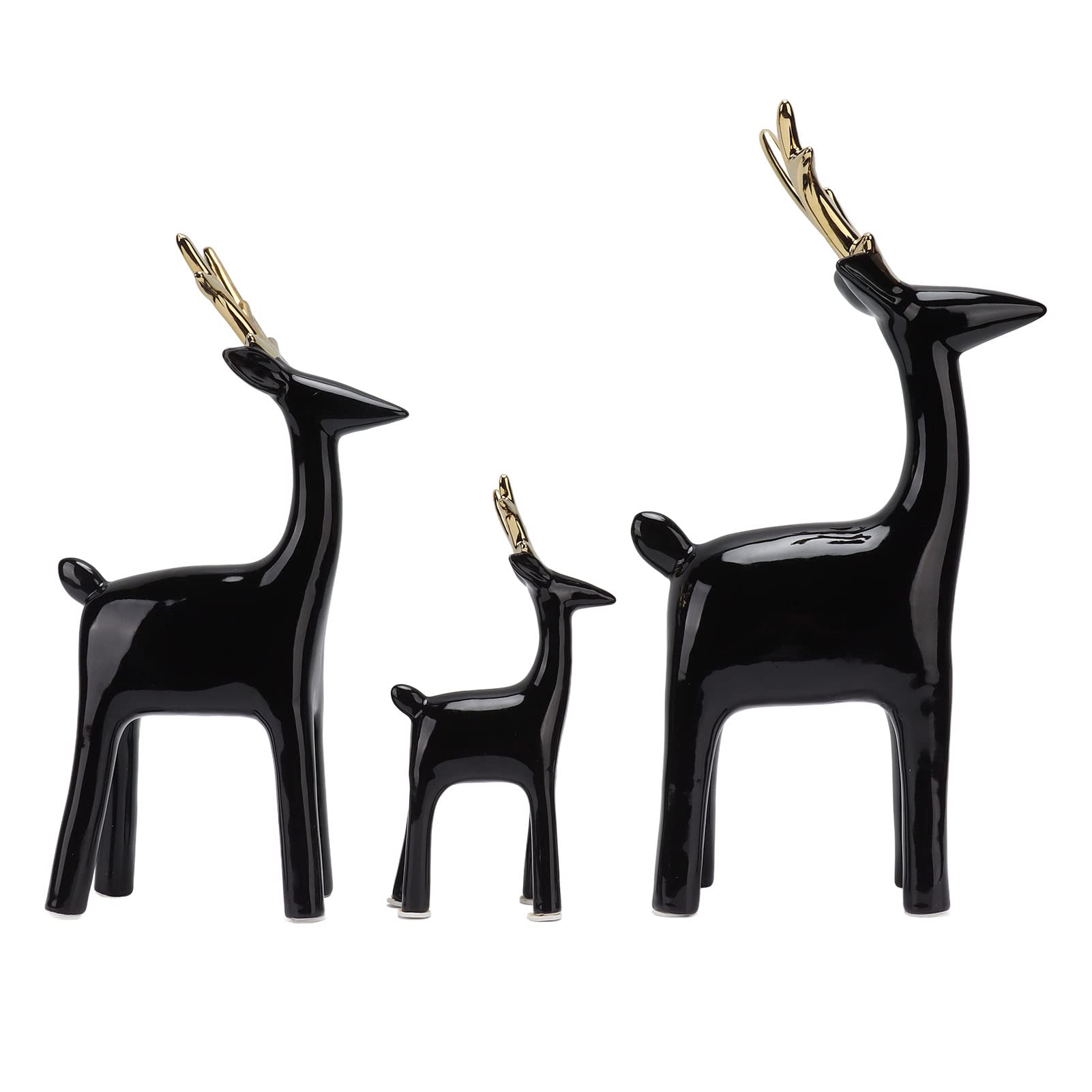 Juego de 3 figuras de reno de resina para decoración de mesa o vino (oro negro)