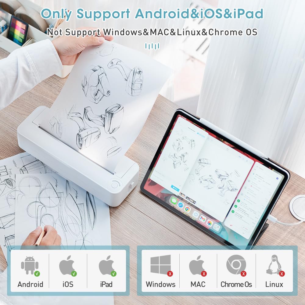 iOCHOW Impresora Térmica Portátil A4: Impresora Móvil Inalámbrica Compatible con Android e iOS, Pequeñas Impresoras Bluetooth sin Tinta para Uso en El Hogar, la Escuela y la Oficina