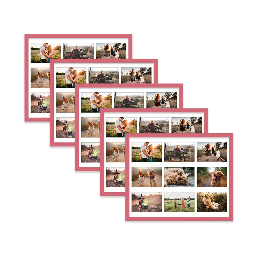 Pink Multi Photo Frame - Holds 9 x 6x4 Pictures, Family Collage Picture Frame for Wall Display, 20x16 Frame size, Set of 5