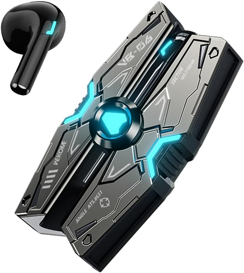 VBX06 Gaming Wireless Earbuds with LED Charging Case, Bluetooth E-Sports Headset, Black and Grey with Blue Accents (Black)