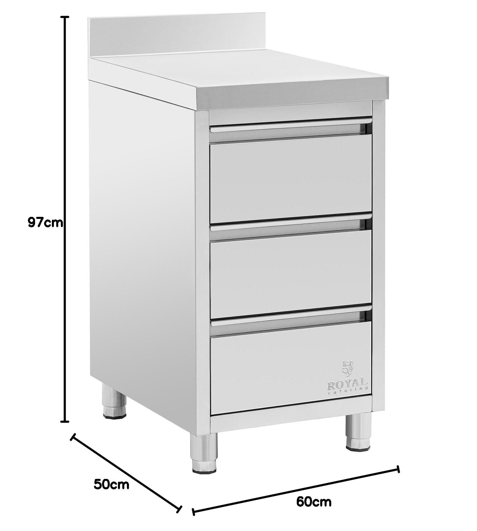 Armario acero inoxidable 50x60cm con 3 cajones para GN hasta 150mm con alzatina patas 150mm Cajonera para cocinas industriales y restaurantes
