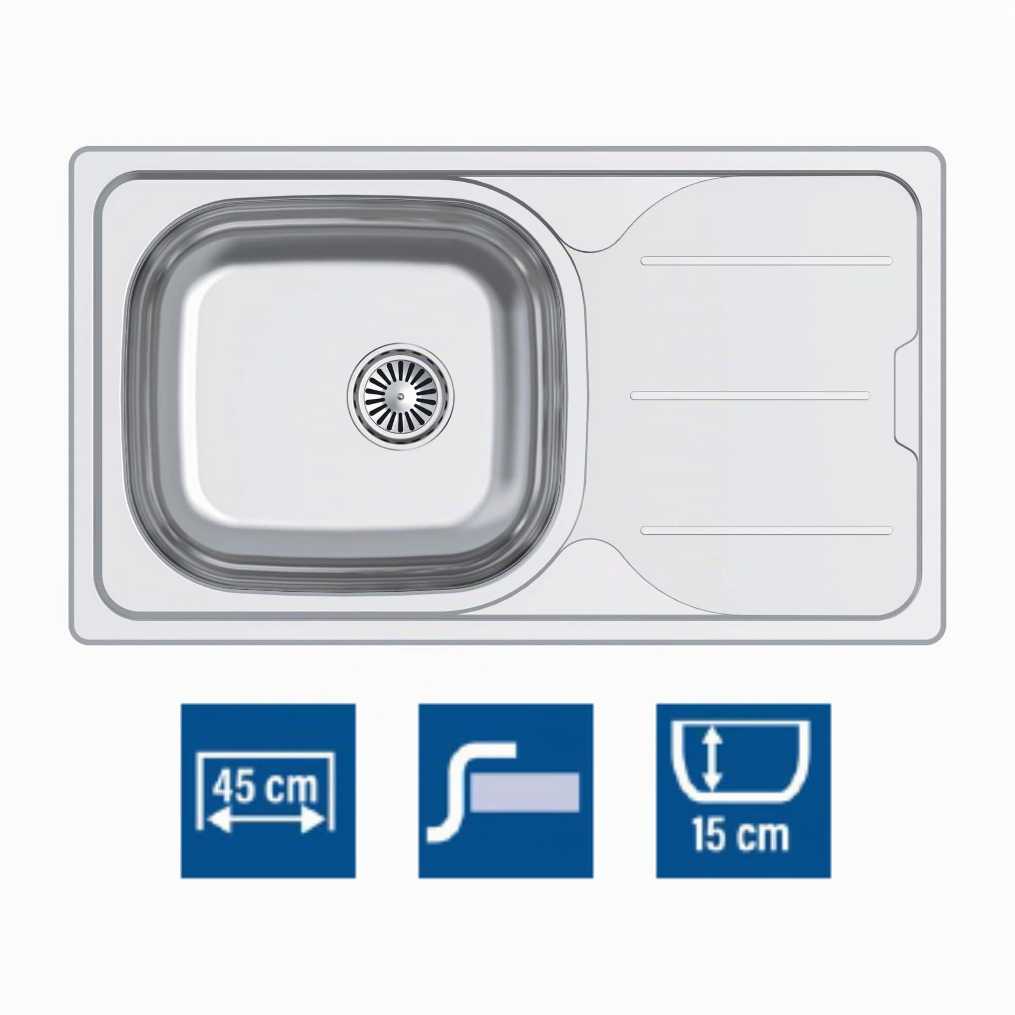 CATA Fregadero CDS-1 REV/A Cubeta Cuadrada Escurridor Reversible Instalación Mueble 45 CM Profundidad 15 CM Base Fonoabsorbente Acero Inoxidable Válvula Canasta Color Inoxidable