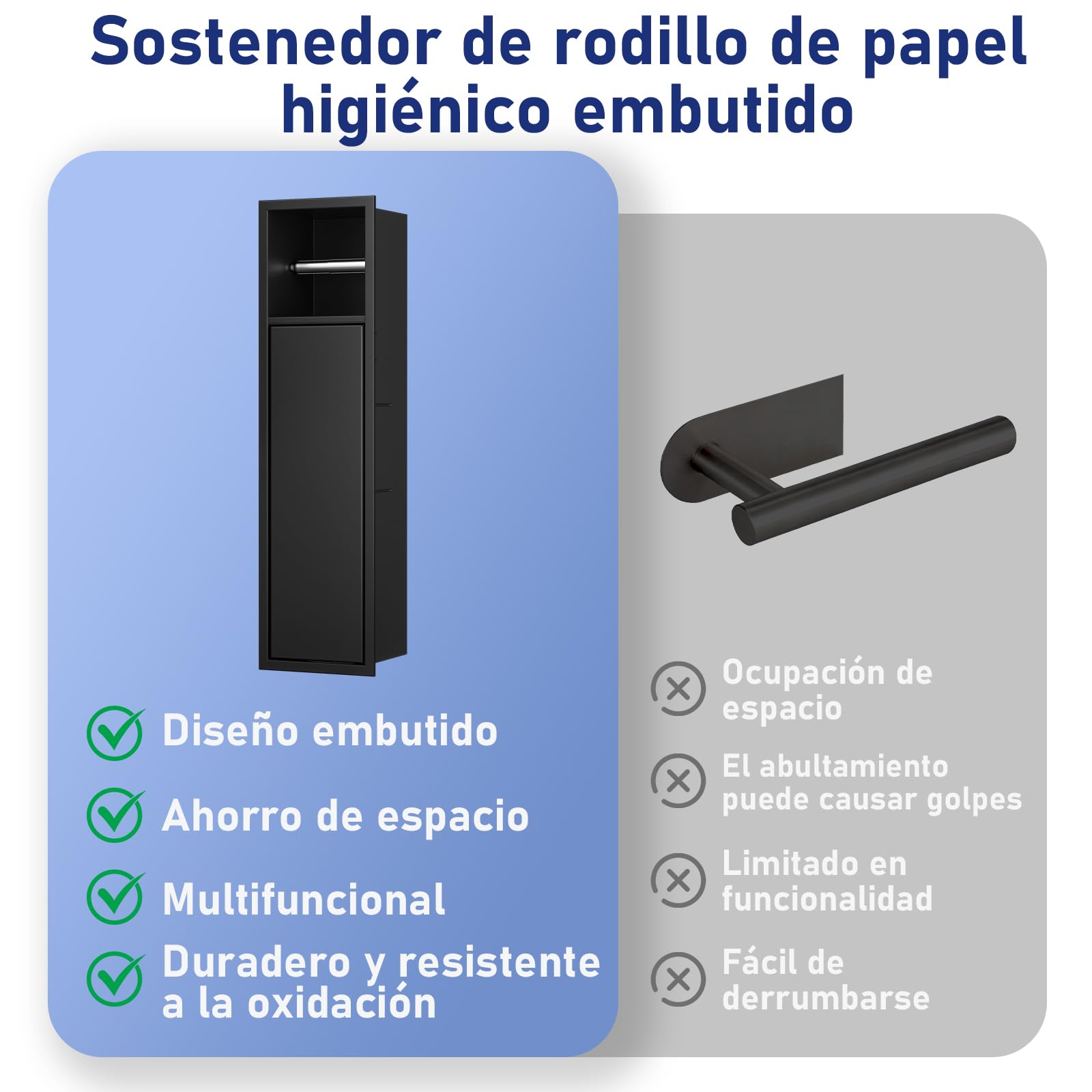 Portarrollos de papel higiénico empotrado, acero inoxidable, para el conjunto de escobillas, armario de baño con portarrollos de papel higiénico, con puertas de armario, 63 x 15 x 15 cm, negro