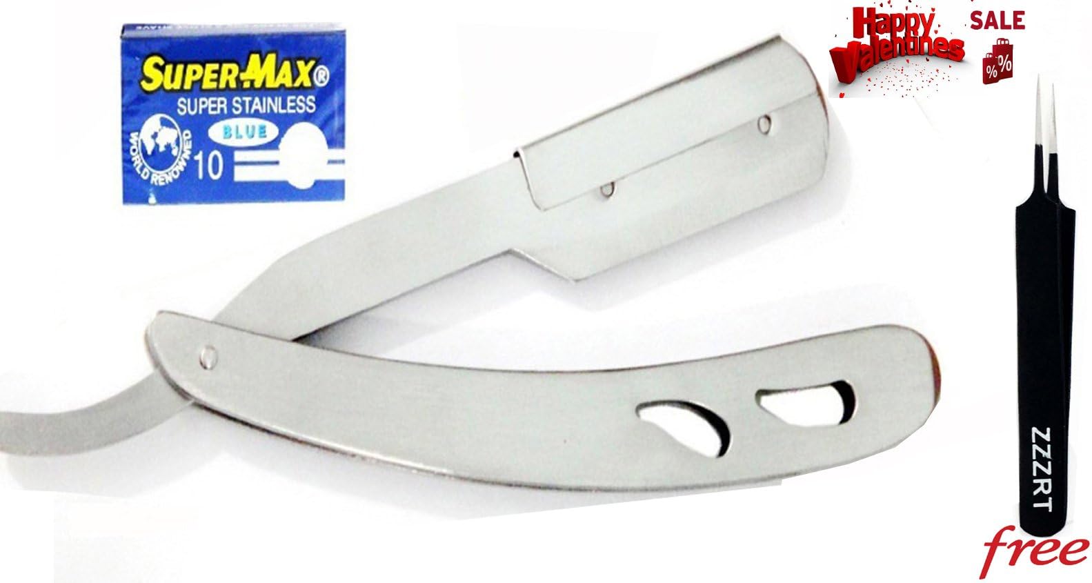 New Men's Professional Straight Edge Sharp Shaving Razor Stainless Steel + Free 10 Supermax Imported Blades & Beauty Tweezers