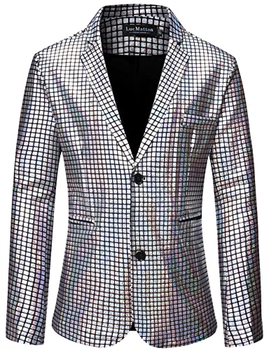 Lucmatton Men's 2 Piece 70S Disco Outfits Metallic Shiny Sequin Suits Jacket And Pants Set Halloween Costume Silver X-Large #TOP1