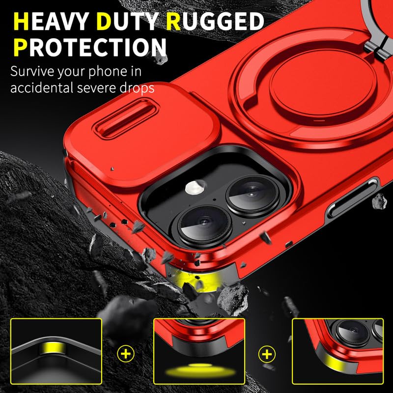 Image of LuxuryKase Shockproof Rugged Case for iPhone 17 | Slide Camera Cover | 360 Rotating Ring Kickstand | Military-Grade Protection - Cherry Red