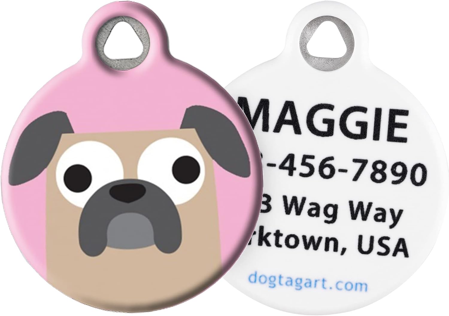 Dog Tag Art Buggy Pug Girl Personalized Pet ID Tag for Dogs, Silent Polymr Coated Stainless Steel Nametag - Small .875" Diameter
