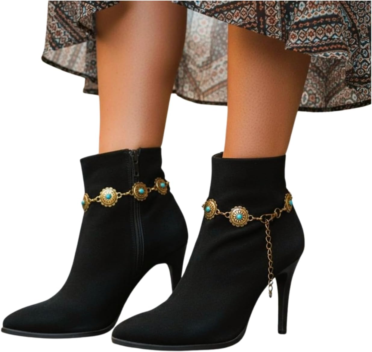 Women's western boot chain anklet, antique gold metal links with turquoise flower conchos, boho festival fashion accessory BC177