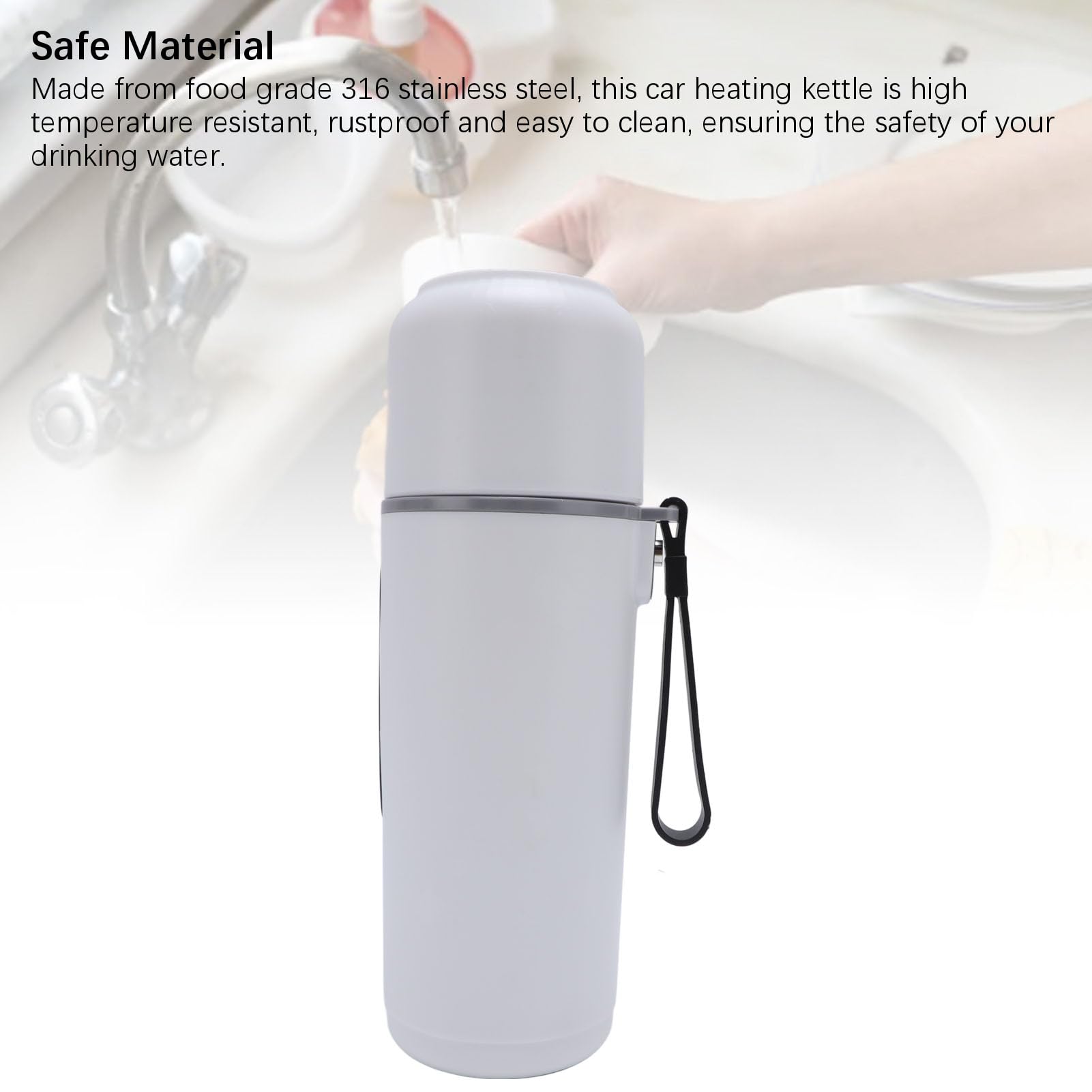 Taza calefactora portátil para coche, Hervidor eléctrico de viaje de 500ml, 12V, 24V, caldera de agua portátil, taza calefactora para coche, camión, acero inoxidable 316 (Blanca)