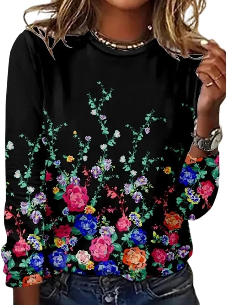 Akivide Women's Fall Casual Floral Printed Crew Neck Sweatshirt Loose Fit Long Sleeve Flower Graphic Plus Size Fashion Tops