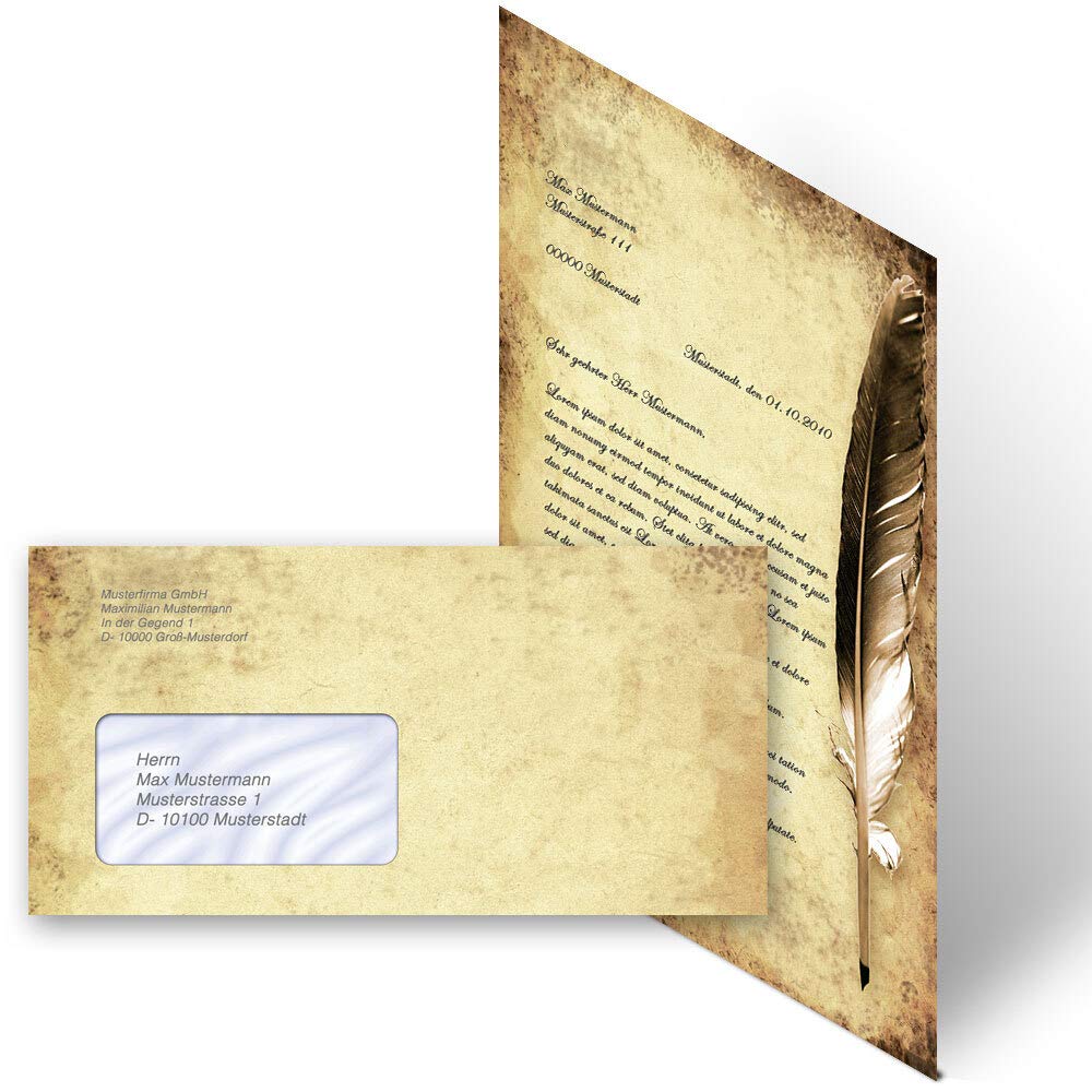Briefpapier Sets Motivpapier Antik & History, FEDER AUF ALTEM PAPIER 100 Blatt Briefpapier + 100 passende Briefumschläge DIN LANG mit Fenster | Paper-Media