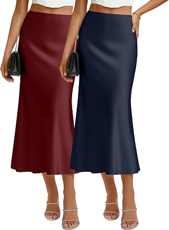 2 Pack Womens High Waist Satin Flowy Midi Skirts