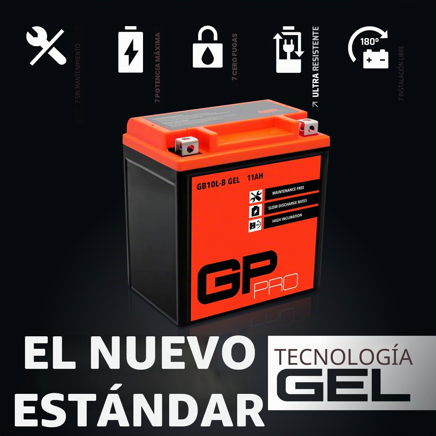 GP-PRO GB10L-B - Batería de arranque para scooter y motos, 12V, 11Ah, parecido a YB10L-B / YB10L-B2, sin necesidad de mantenimiento
