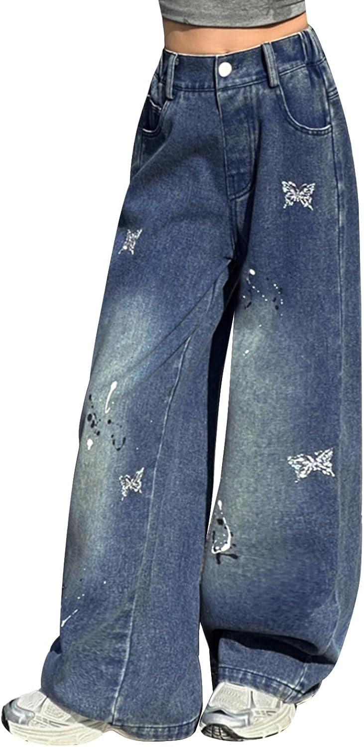 Rolanko Girls Jeans Denim Elastic Wasit Wide Leg Baggy Pants Kids Clothes 4-14 Years