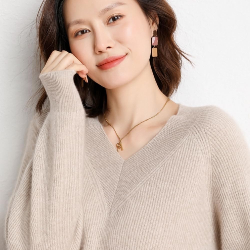 Women's Cashmere and Merino Wool Blend V Neck Sweater Lightweight Knit Sweater - Image 3