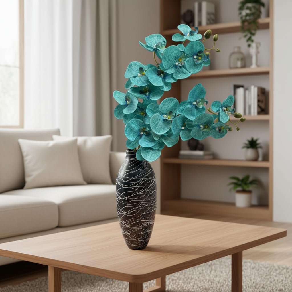 5pcs Artificial Moth Orchid Flower Branch 9 Heads Faux Silk Phalaenopsis Orchid with Long Stem for Wedding Hotel Home Floral Decor (Teal)