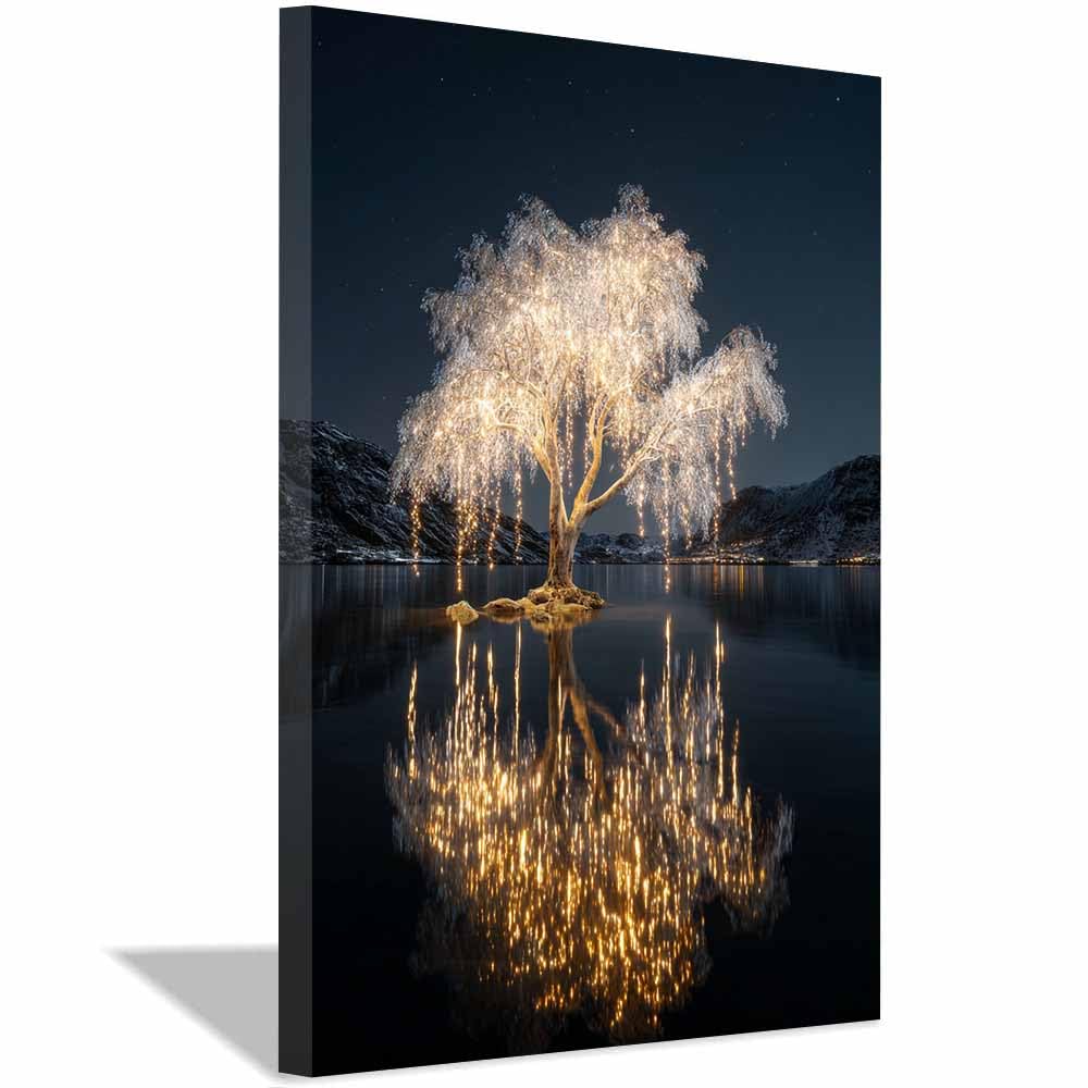 HOQIU Canvas Wall Art Winterse Star Tree tree poster, landscape wall art, for Living Room Bedroom Bathroom.(Multicolor)-60x80cm Framed