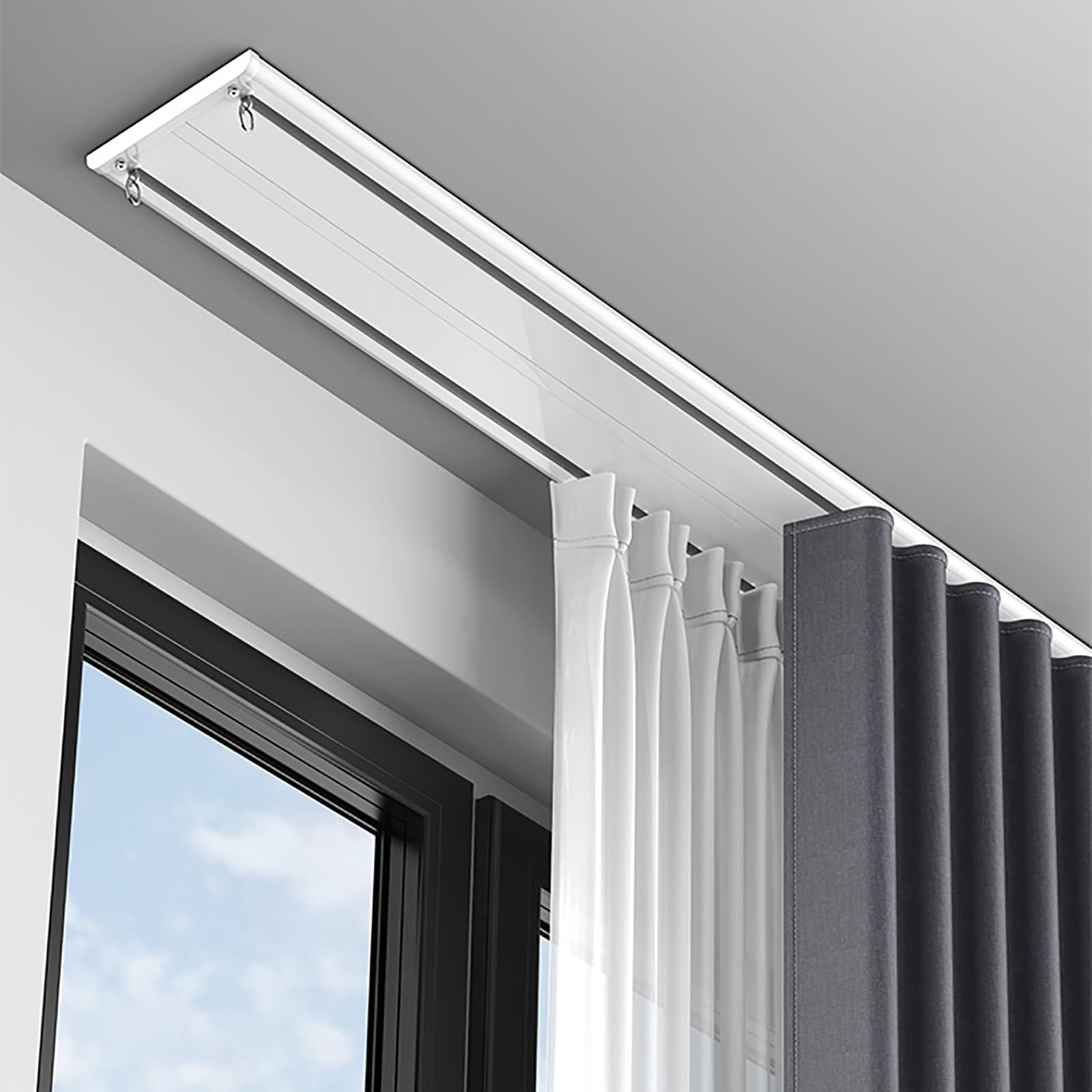 Silent Double Curtain Track Ceiling Mounted, Double Row Curtain Tracks with Metal connector, can be extended at will, Aluminum Alloy Track for Living Room Bedroom Room Divider(White,2.7m(8.9ft))