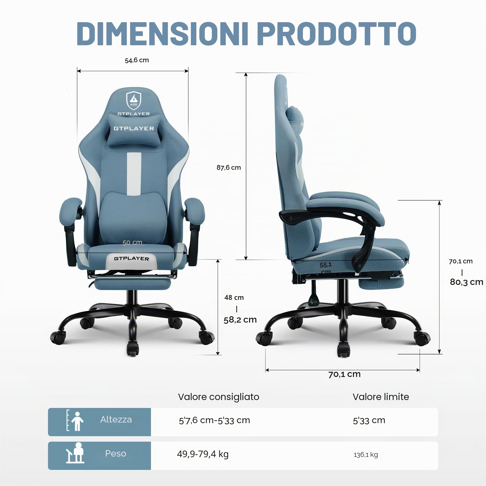 GTPLAYER Sedia da gioco, sedia da ufficio traspirante in tessuto di alta qualità, sedia ergonomica PC, regolabile e girevole con poggiapiedi, blu