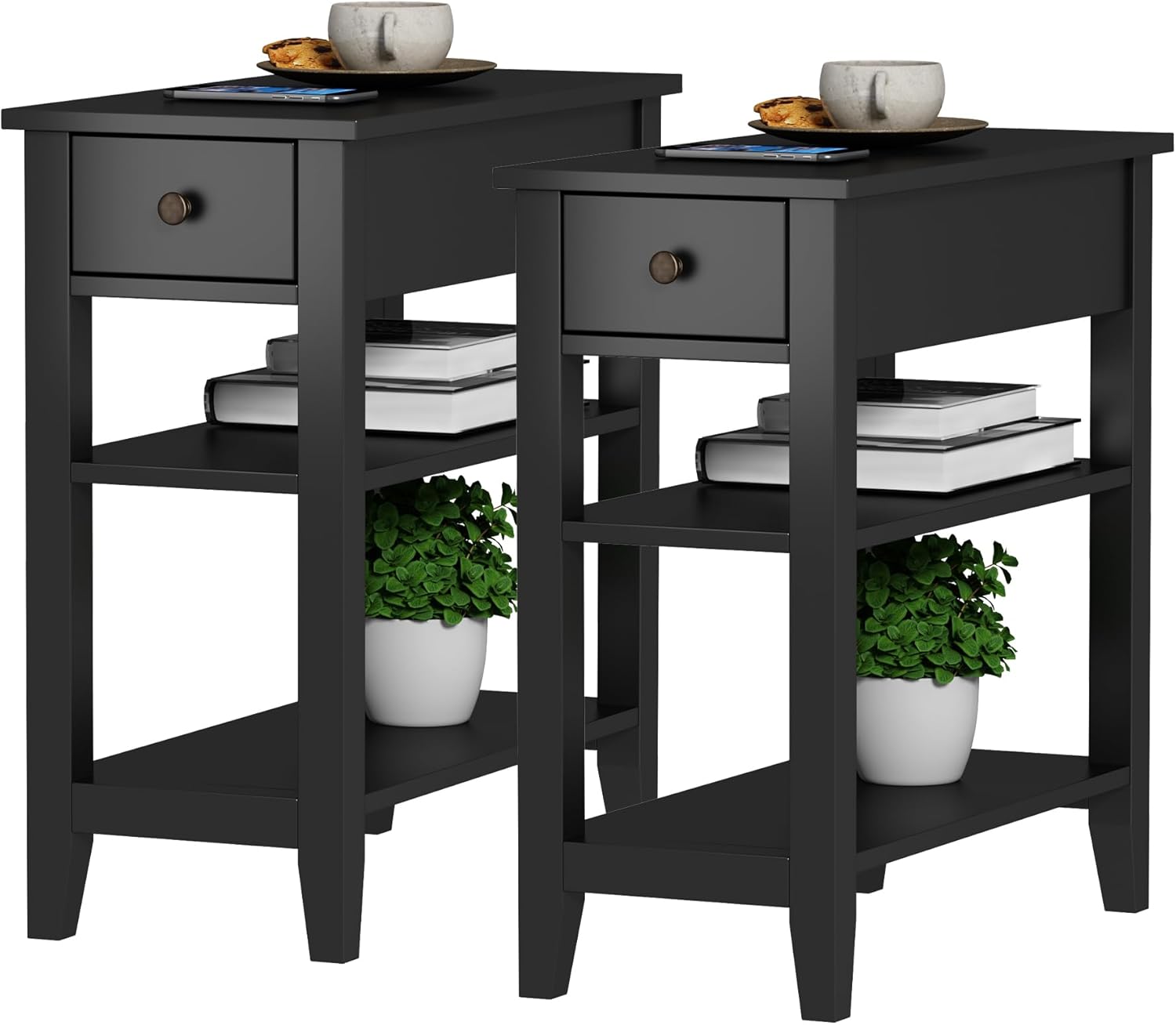 ChooChoo Side Table Living Room Set of 2, Narrow End Table with Drawer and Shelf, 3-Tier Sofa End Table for Small Space Ink Black 2