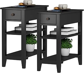 ChooChoo Side Table Living Room Set of 2, Narrow End Table with Drawer and Shelf, 3-Tier Sofa End Table for Small Space