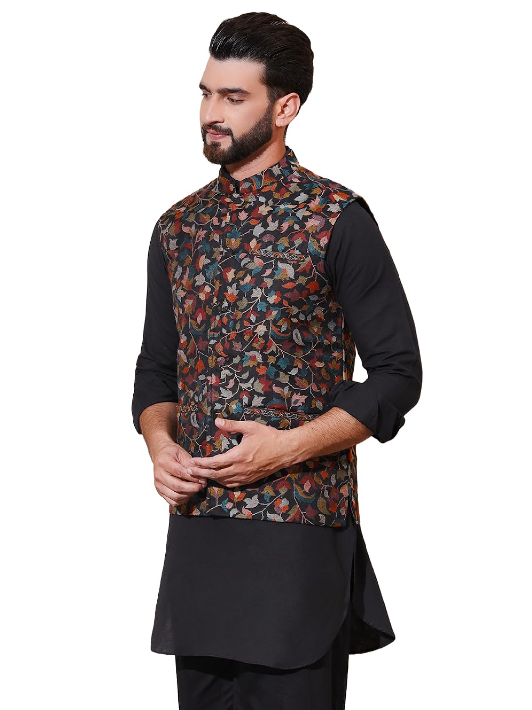 Kani Ethnic Floral Woven Nehru Jacket for Men in Kashmiri Paisley Weave Festive Pattern-image-49