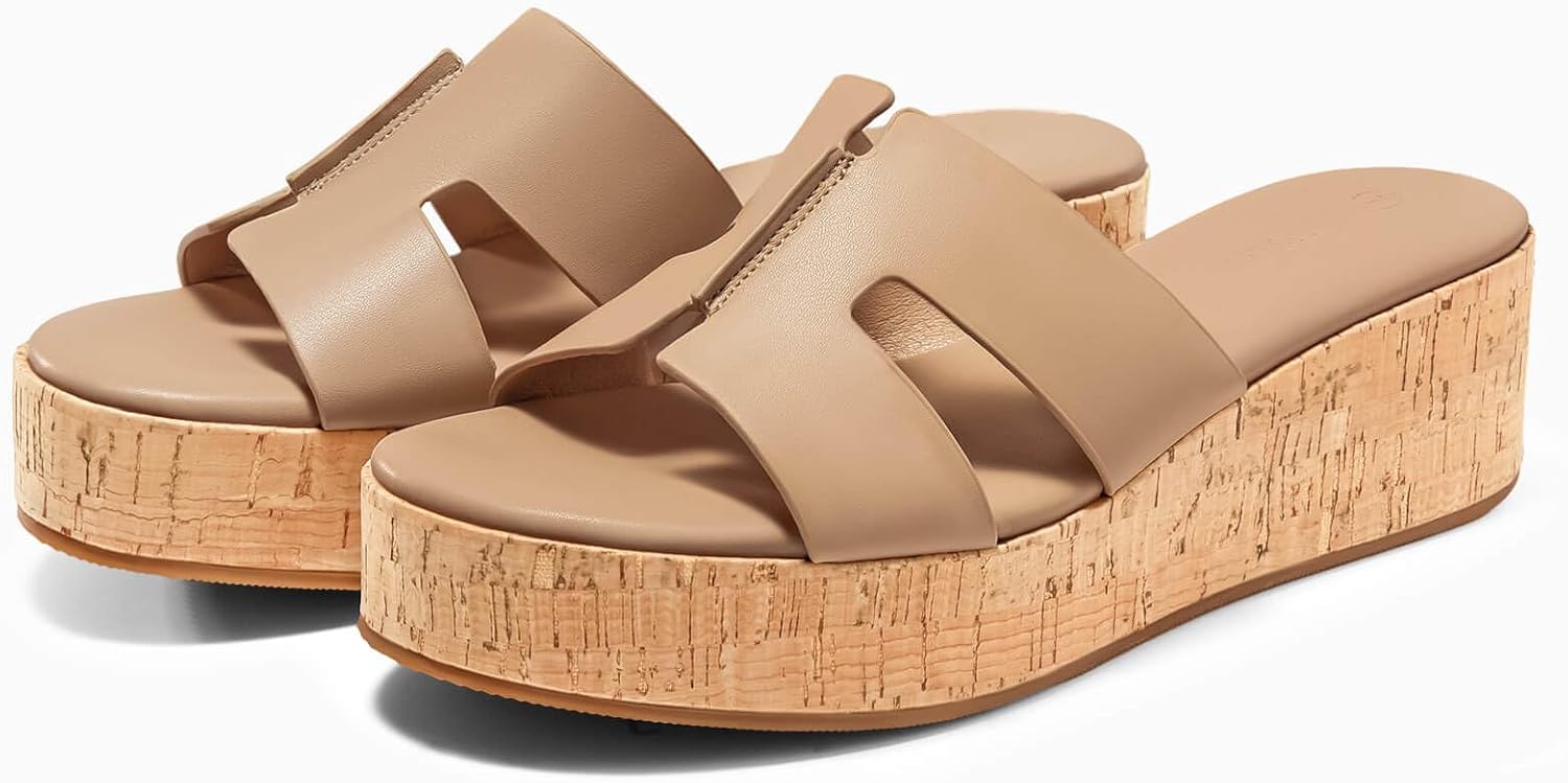 Coutgo Women's Platform Wedge Sandals Open Toe Slip On Slides Cork Heeled Cutout Comfortable Summer Shoes