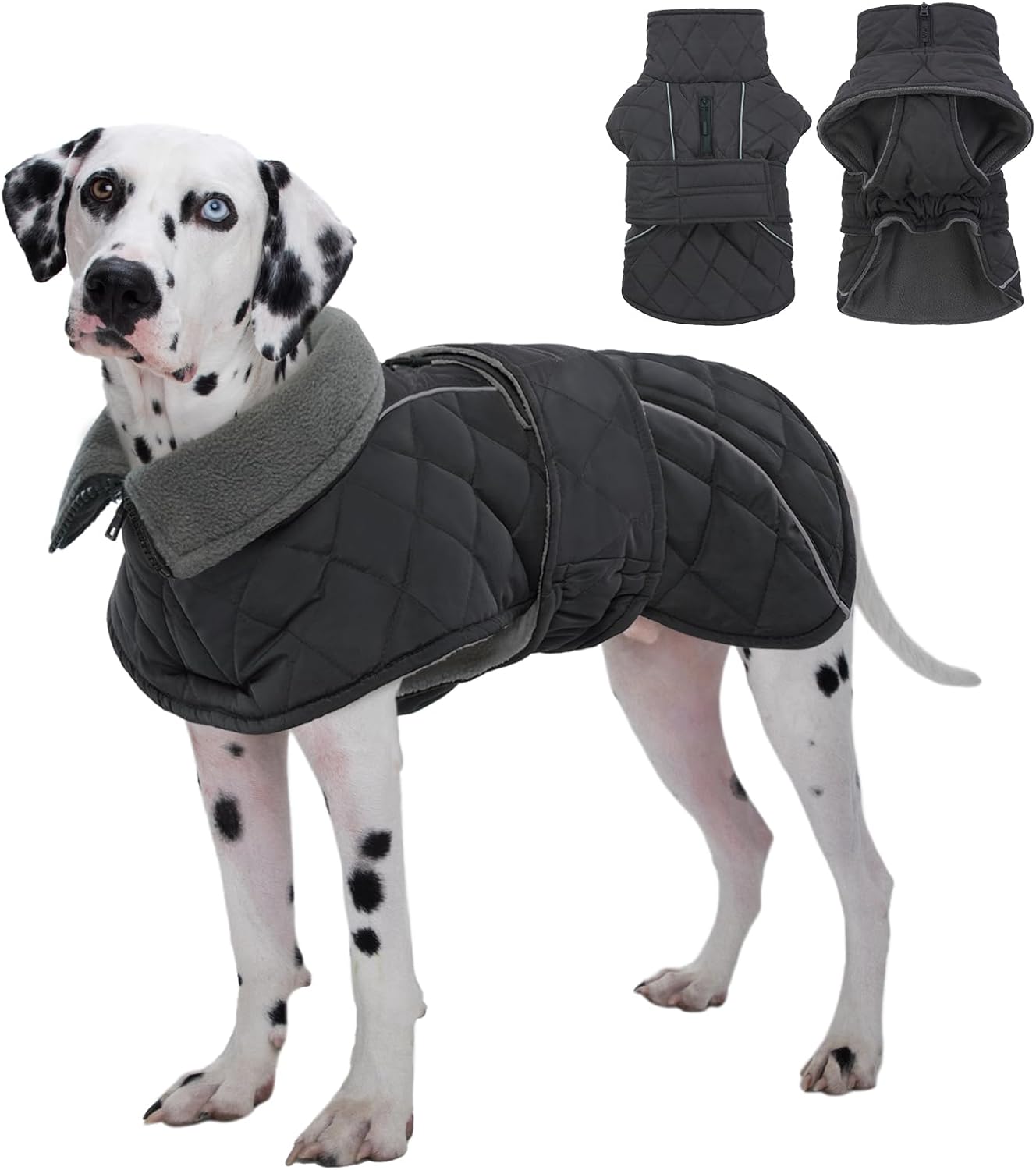 Kuoser Super-Warm Fleece Dog Jacket, Christmas Dog Coat Quilted Thermal Turtleneck Puppy Snowsuit, Windproof & Reflective Pet Winter Clothes for Large Dogs, Dark Grey 2XL