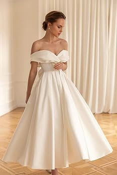 Women's Satin Tea Length Wedding Dresses for Bride Simple Midi A Line Formal  Bridal Gowns White Off The Shoulder Courthouse Wedding Dress for Bride US14  at Amazon Women's Clothing store