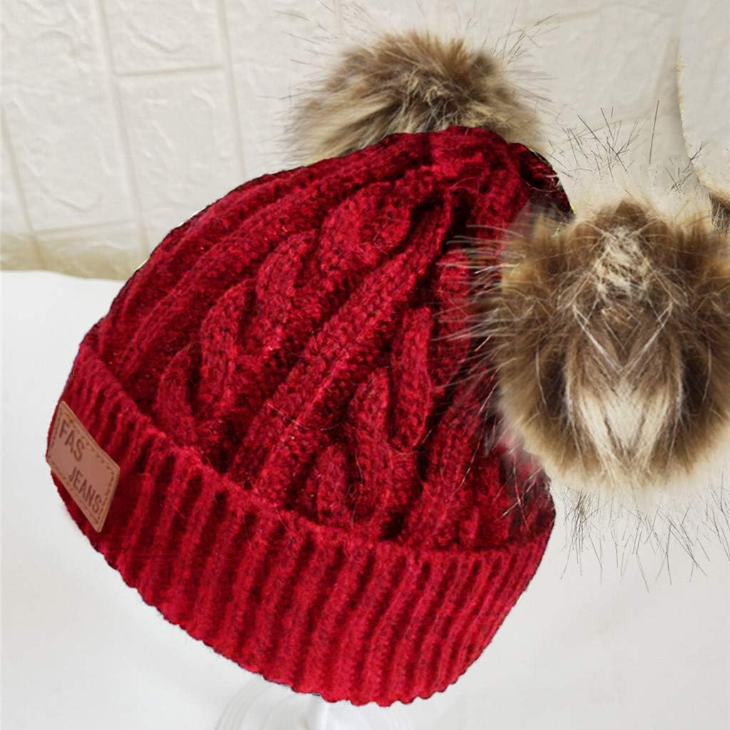 Infant Toddler Beanie Woolen Hat Pure Color Winter Twist Double Pom Pom Wool Knitted Cap for 0-8 Years Old…
