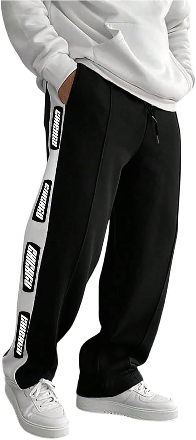 OYOANGLE Men's Y2K Baggy Straight Leg Sweatpants Casual Drawstring Waist Track Pants