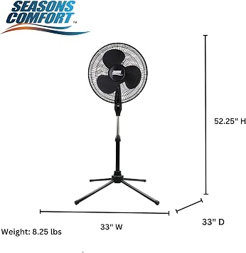 Seasons Comfort 18 Pedestal Fan, Oscillating, Adjustable Height, 3 Speed
