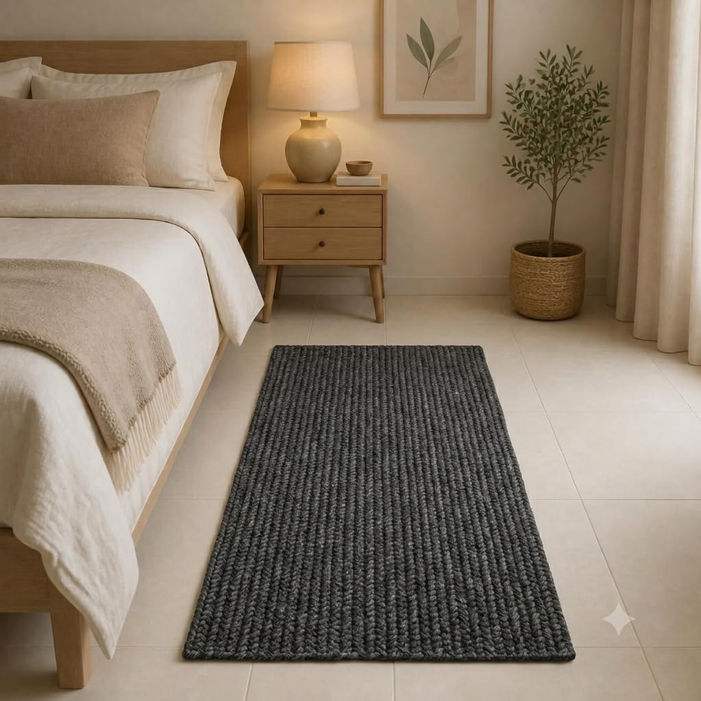 Handmade Cotton Braided 1.5x3 feet Runner Rug - Washable, Low Pile Reversible Floor Mat for Kitchen, Entryway, Bedroom & Living Room – Eco-Friendly Woven Carpet - (Grey, Rect)-image-4