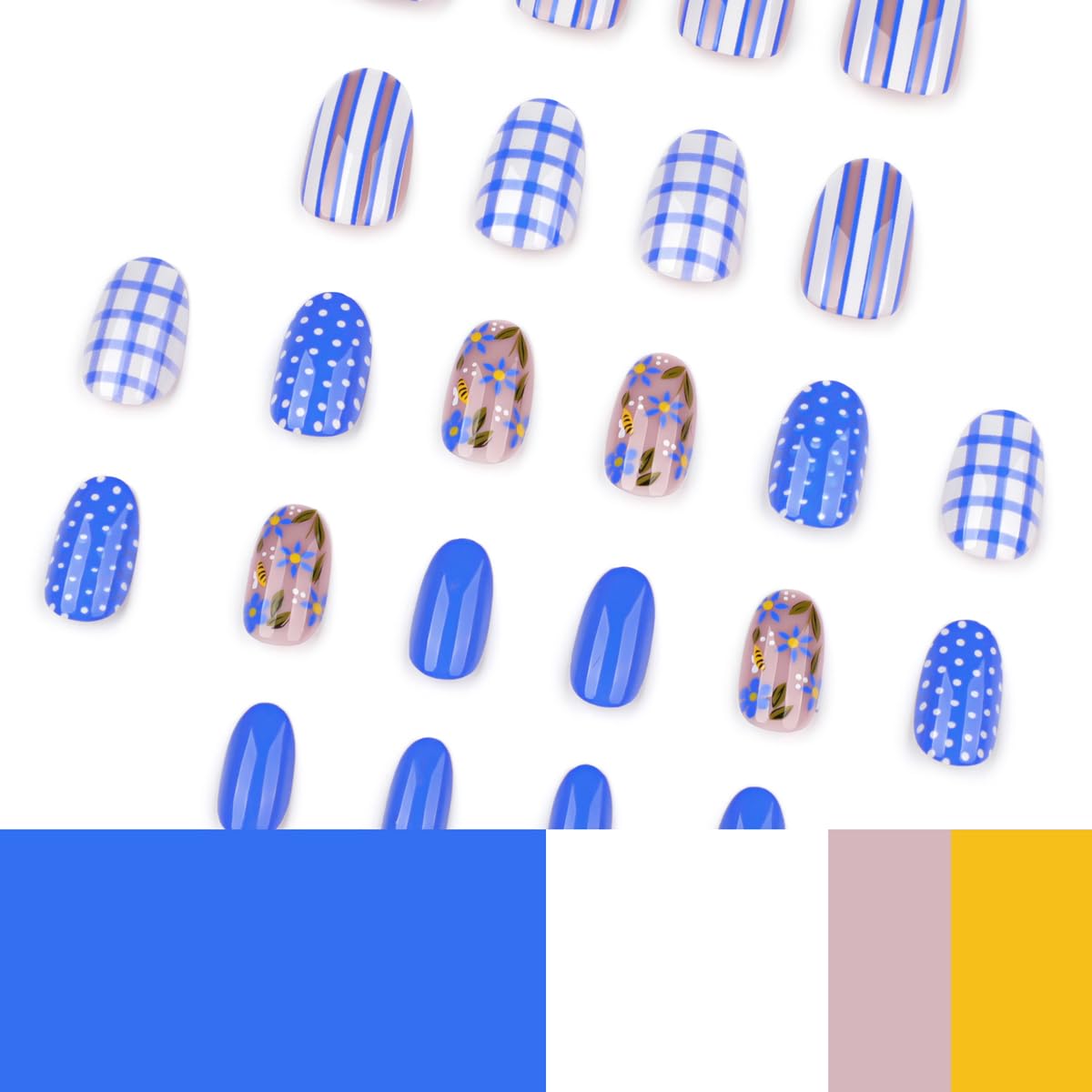 Short Oval Press on Nails - Blue Floral Gingham Polka Dot Striped image 4