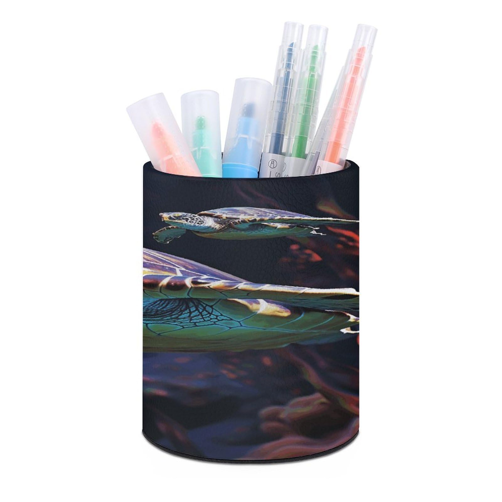 VstaDank Colorful Tropical Sea Turtle Pen Holder Round Pencil Holder Cup Pen Container PU Leather Desk Organizer Stand Decorative Brush Scissor Holder Decoration Office Desk Home (3.1 x 3.9 inch)