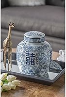 Vista 3 de Jarrón con tapa de porcelana 100 % azul y blanco oriental de 8 x 9.5 pulgadas con patrón floral para almacenamiento en el hogar y organización