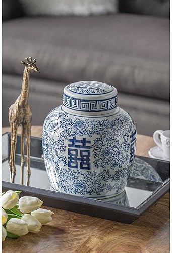 Miniatura 3 de Jarrón con tapa de porcelana 100 % azul y blanco oriental de 8 x 9.5 pulgadas con patrón floral para almacenamiento en el hogar y organización de la