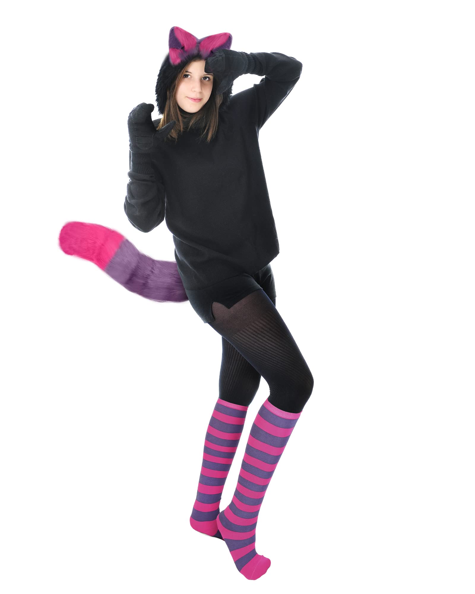 Striped Cat Costume for Girls Women, Cat Ears, Furry Tail, Striped Socks for Halloween Cosplay (Purple, Pink)