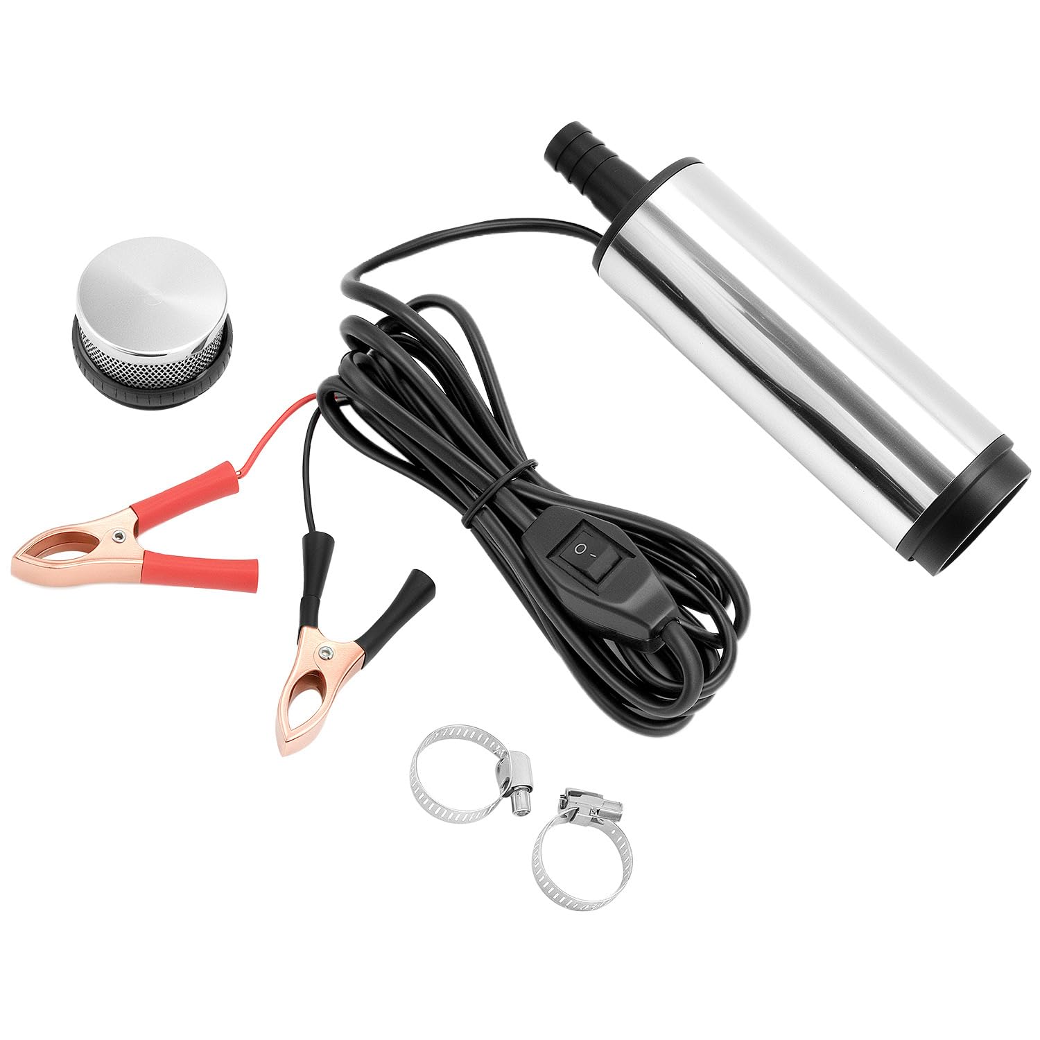 QWORK® 12 V 51 MM, pompa wody z klipsem, stal nierdzewna, przewód zasilający 3 m + wąż 4 m, do oleju napędowego, nafty, wody