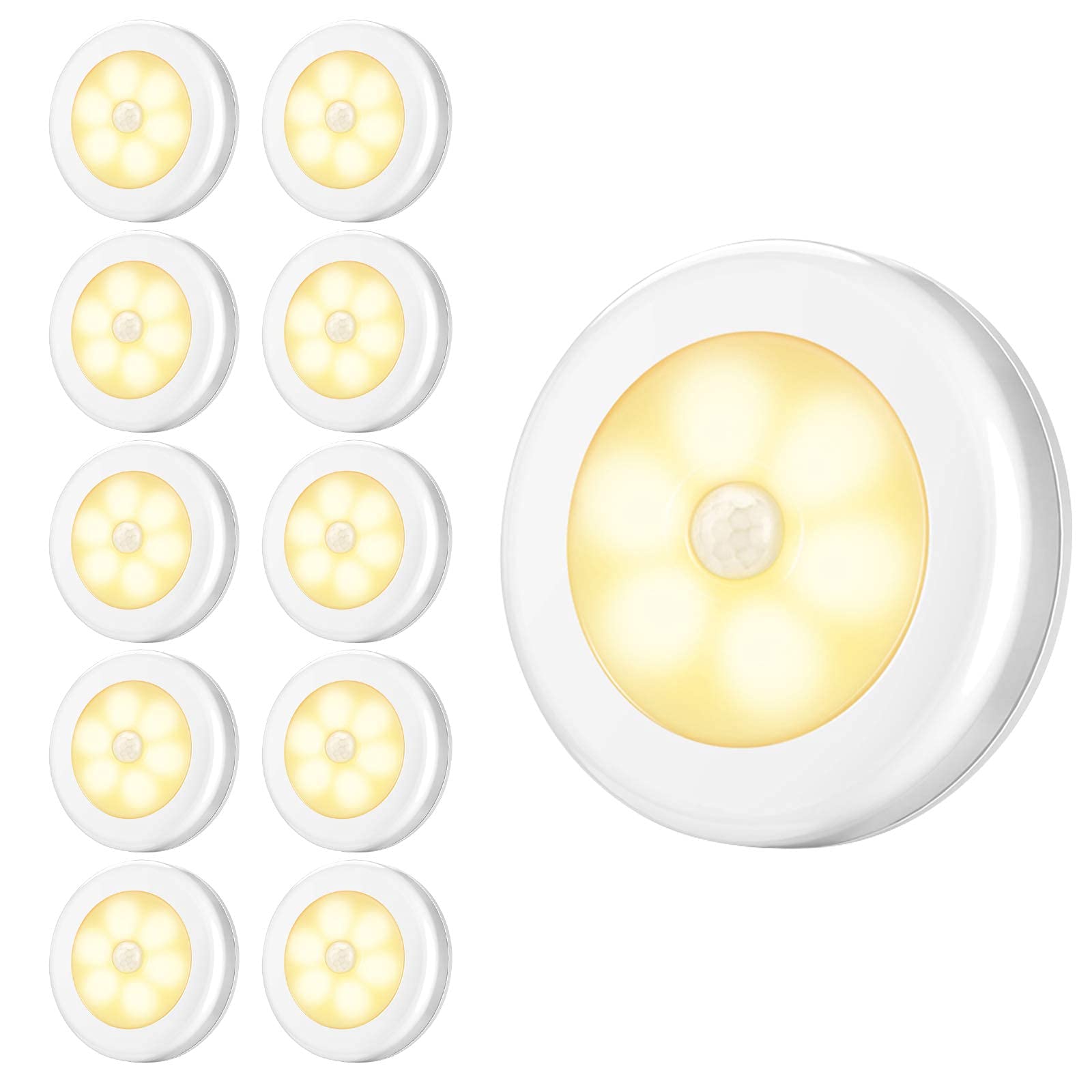 Criacr 10 pieces: night light, night light with motion sensor, motion light with battery, auto on/off night light, cabinet lights, LED motion sensor for hallway, bedroom (warm white)