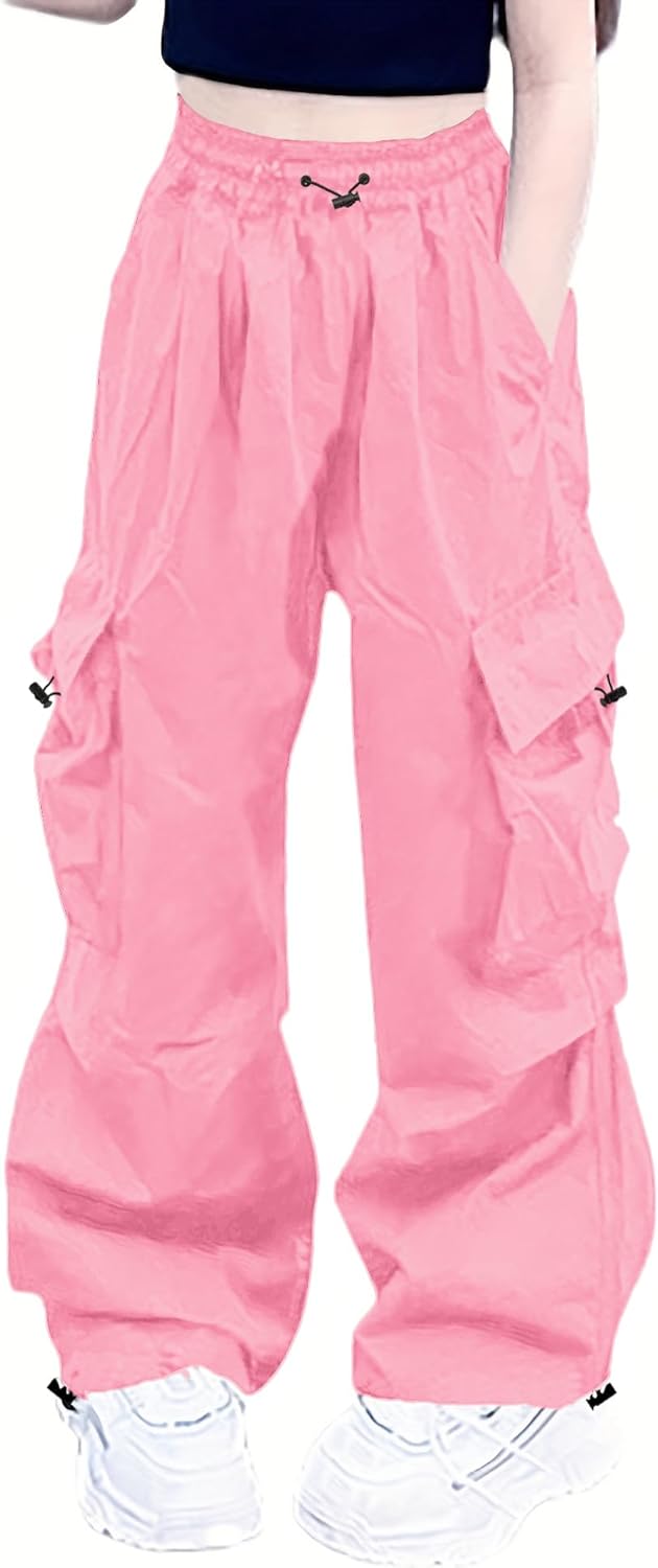 Girls Cargo Pants Elastic Waist Drawstring with Pockets Pants, 6-14 Years
